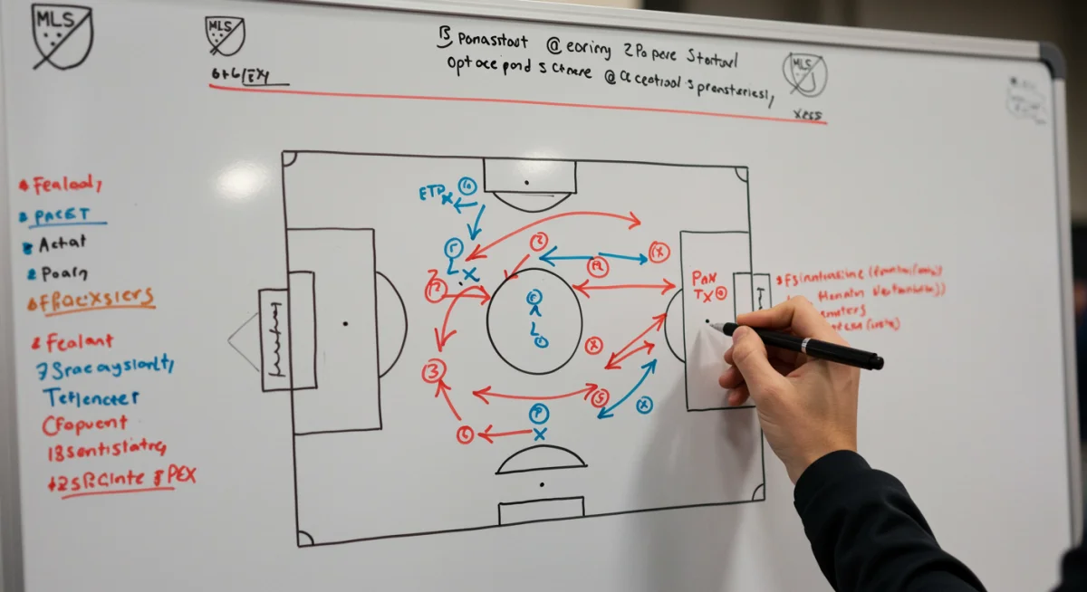 Tactical whiteboard with soccer formations and strategic player movements for MLS analysis.