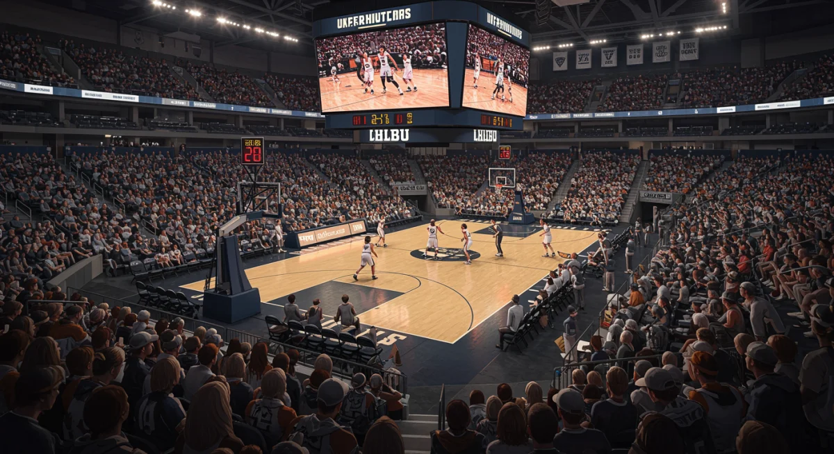 High-definition jumbotron in a college football stadium showing a game, with fans in premium seating.