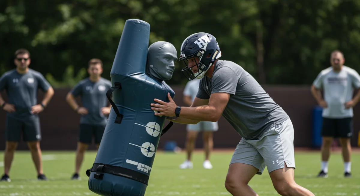 College football coach demonstrating proper tackling technique with dummy