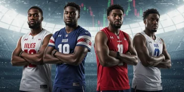 Four top American athletes showcasing their endorsement deals in a stadium setting, symbolizing financial success.