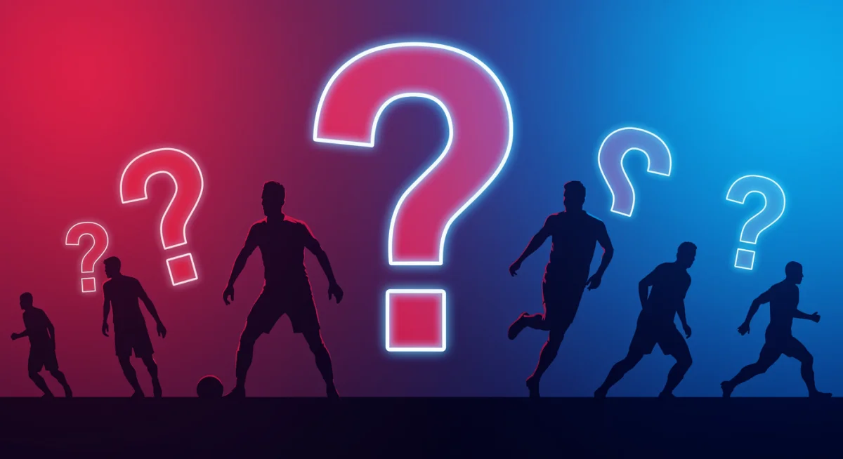 Soccer transfer window graphic with player silhouettes and question marks