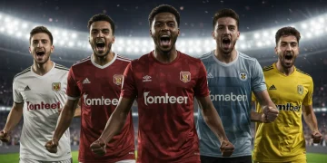 Five US-born soccer players celebrating a goal in a European league match, showcasing their rising dominance.