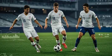 Three US midfielders demonstrating peak performance on a soccer field with data overlays for analysis.