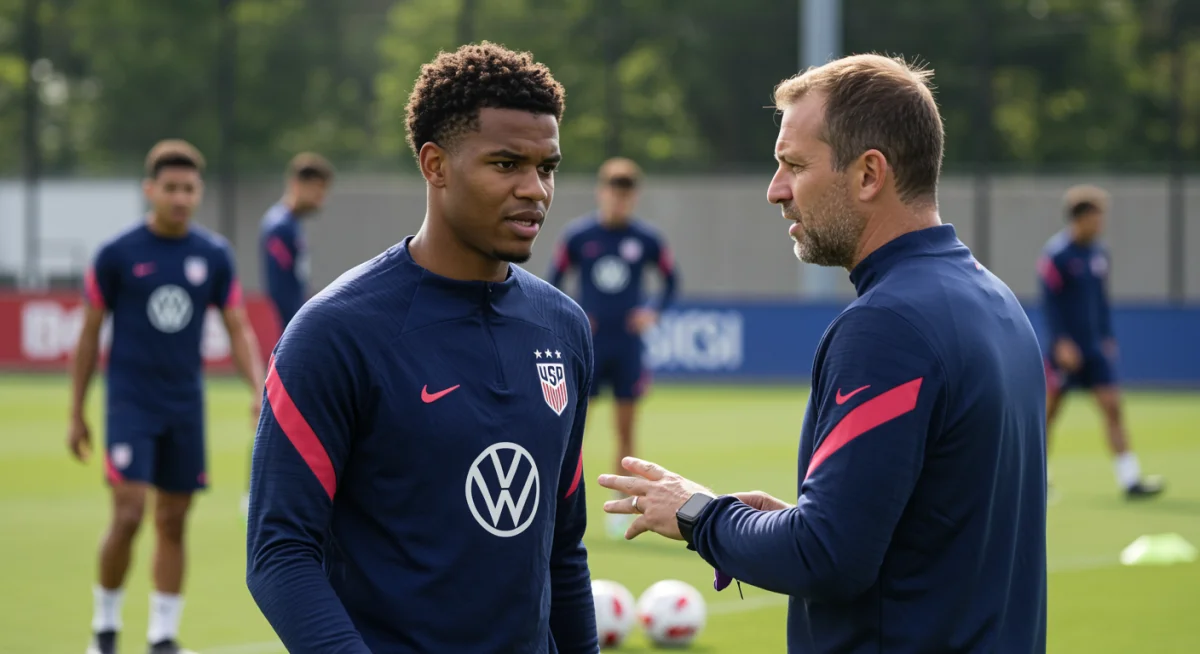 US soccer player in deep conversation with European coach during training, illustrating tactical adaptation.