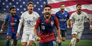 Five US soccer players adapting to European leagues in early 2025, showcasing their new club jerseys and determined expressions on a dynamic pitch.