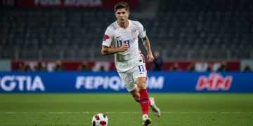 US soccer player returning from injury, focused on the field, symbolizing comeback