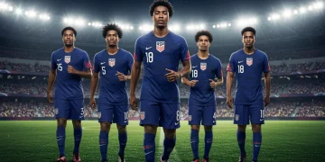 Five promising young USMNT soccer players looking determined on a professional soccer field.