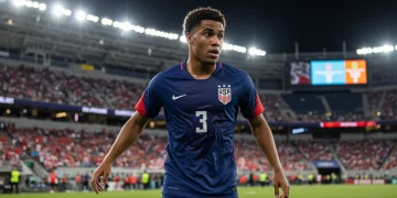 Dynamic young male soccer player in US jersey on field