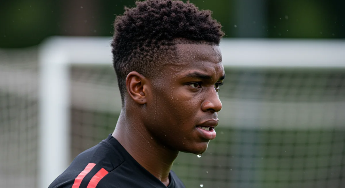 Young soccer player demonstrating intense focus and determination.