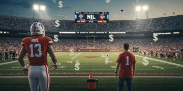 College football stadium with NIL branding influencing player recruitment.