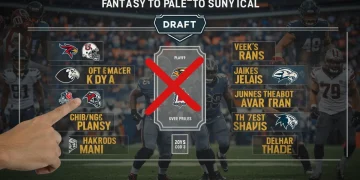 Hand pointing to an overvalued player on a 2026 fantasy football draft board, with a red X marking a bust.