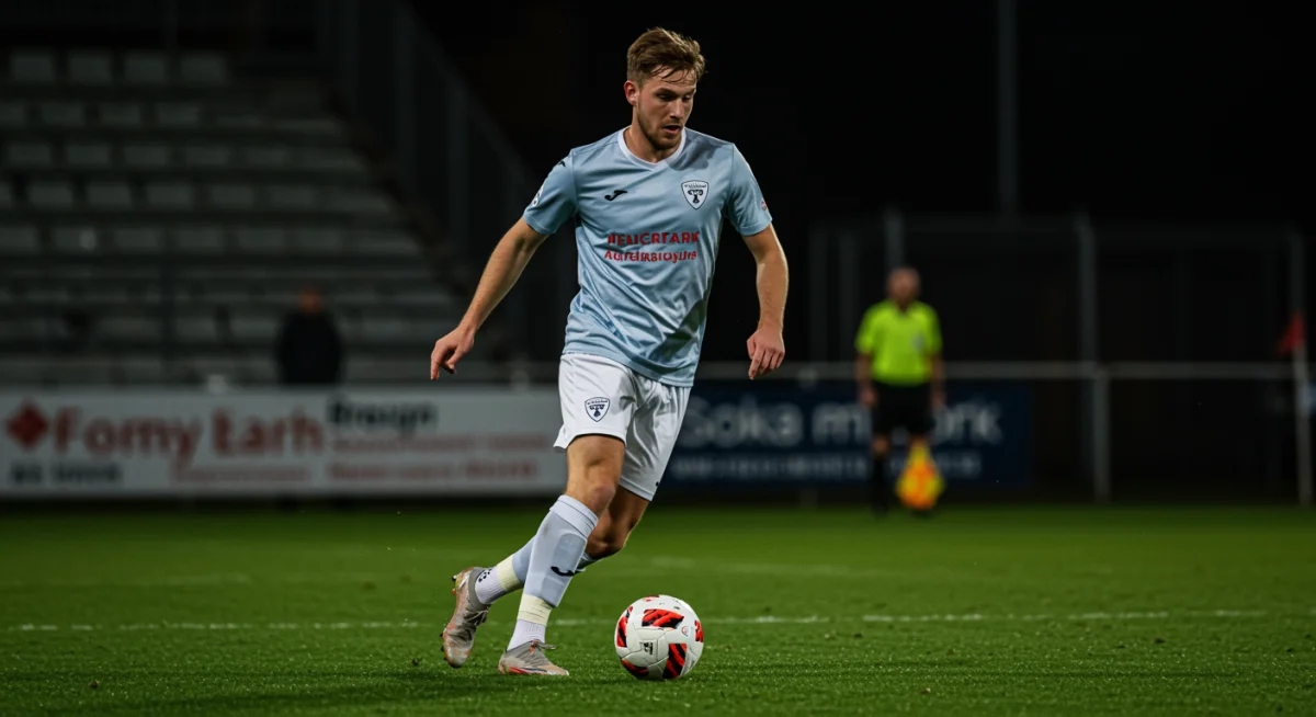 Soccer player expertly dribbling ball on field