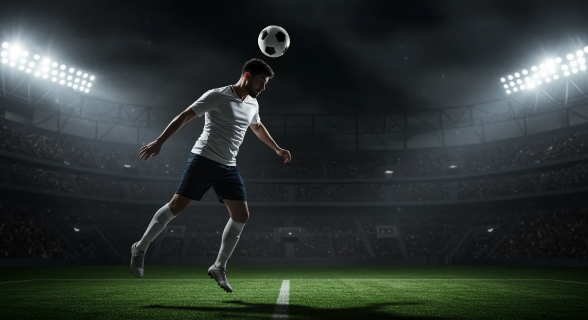 American forward heading the ball with power and accuracy in a professional soccer match.