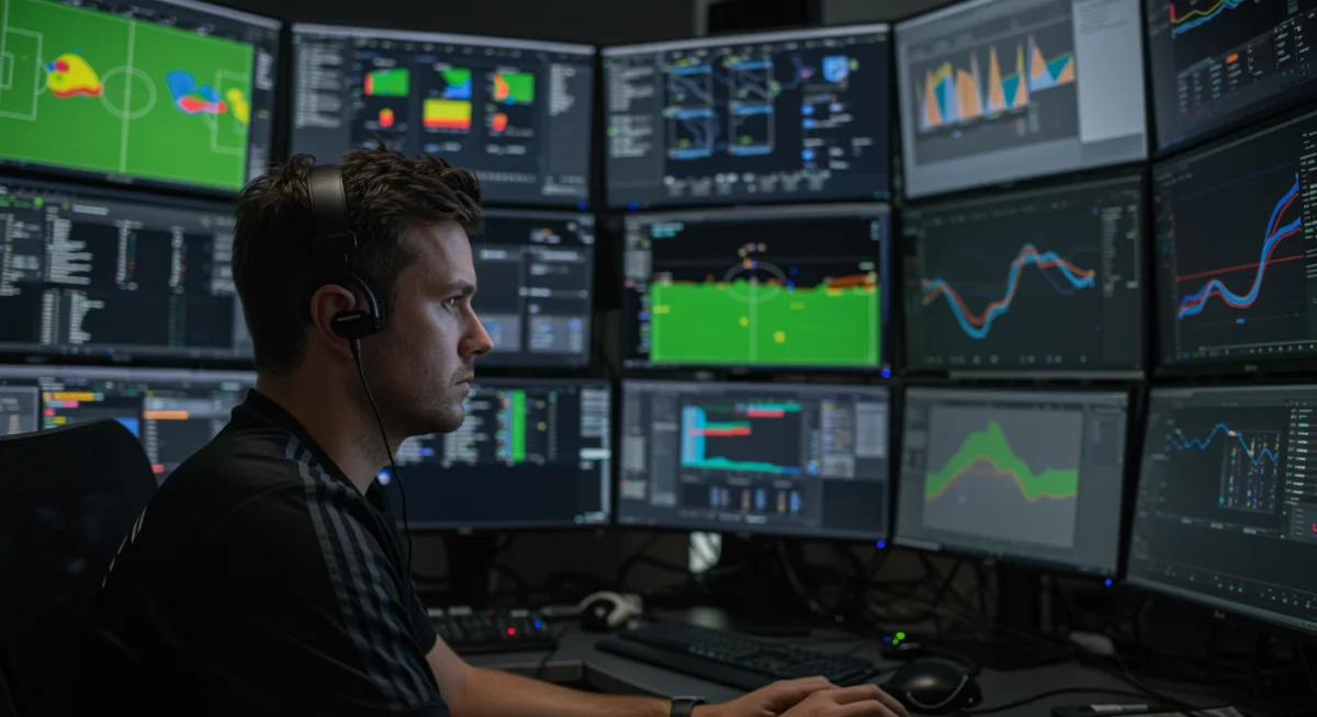 Sports scientist analyzing player performance data on multiple screens