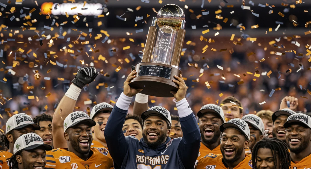Victorious college football captain hoisting a historic rivalry trophy amidst confetti