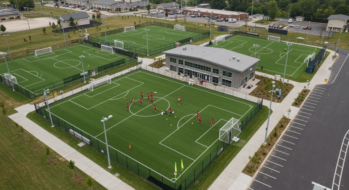 State-of-the-art MLS academy facility with training pitches and young players.