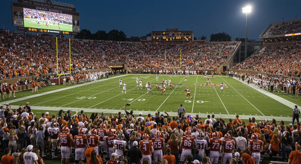 Electrifying night game in a packed college football stadium with players in action