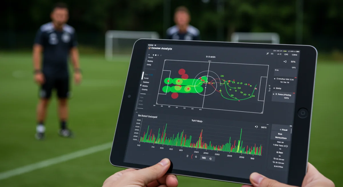 Tablet showing soccer analytics and performance metrics during a youth training session.