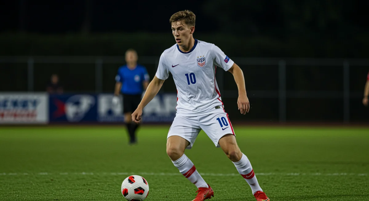 Young American midfielder dribbling with intensity, showcasing skill and determination on a European football pitch.