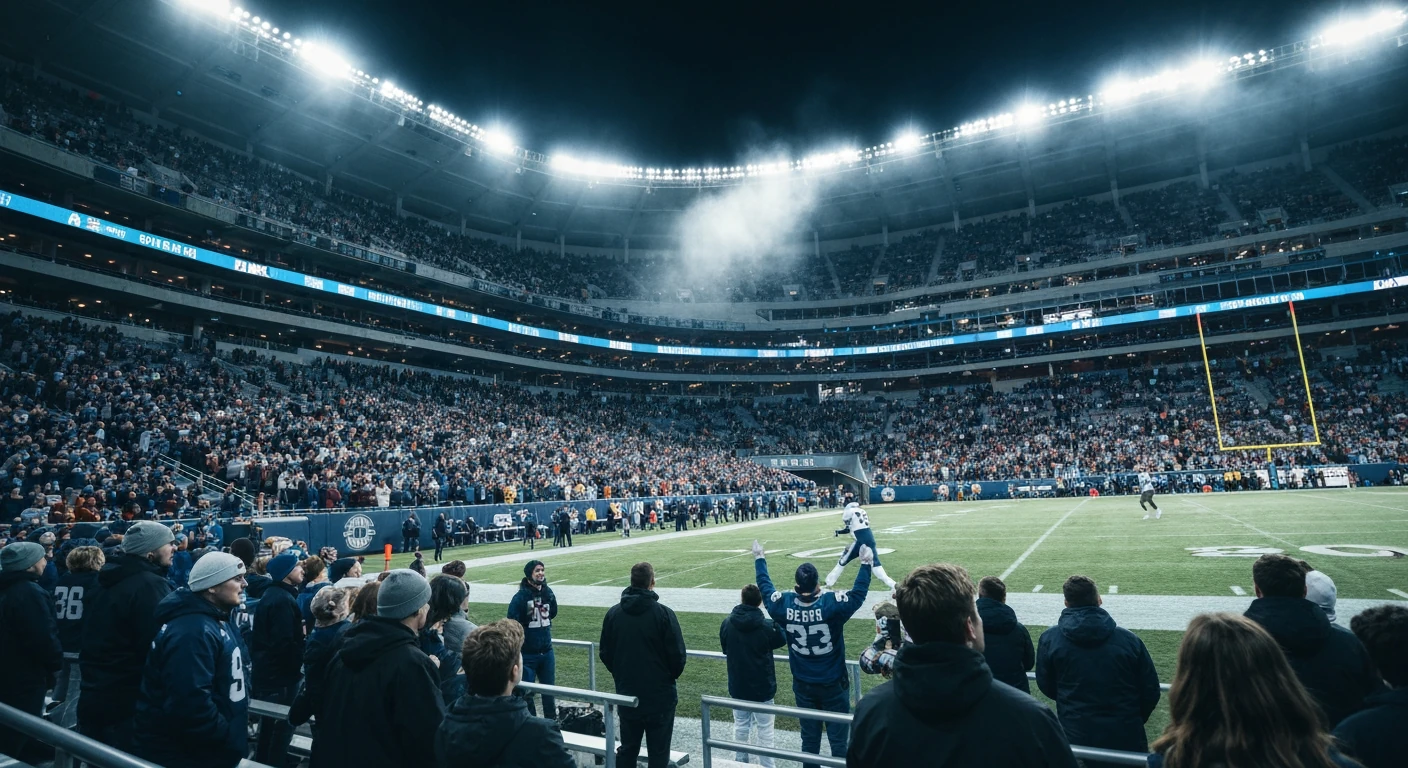 A packed college football stadium at night with cheering fans, floodlights creating dramatic streaks, capturing the intense atmosphere of game results and their impact on rankings and fan culture.