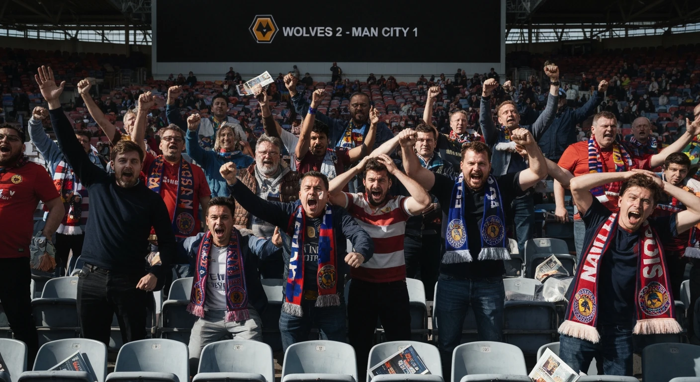 Football fans in a stadium reacting with mixed emotions to an unexpected 2-1 score displayed on a scoreboard, showing the immediate aftermath of a surprising match result.