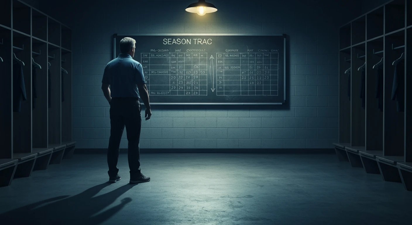 A college football coach reviews a detailed season schedule on a whiteboard in a dimly lit locker room, highlighting key game dates and strategic progression from pre-season to playoffs.