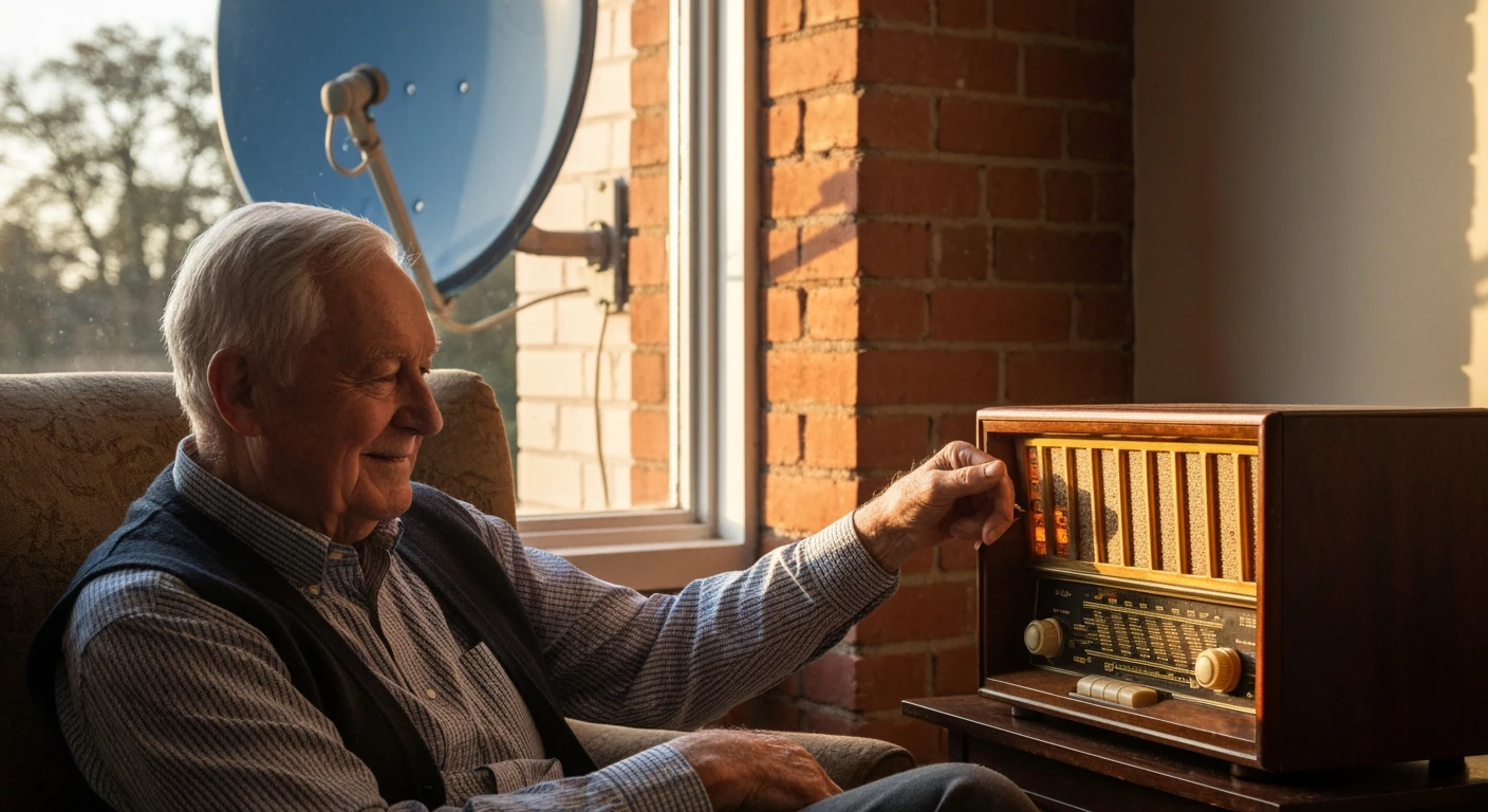 An elderly man nostalgically tuning an antique wooden radio, with a satellite dish visible through a window, symbolizing the evolution of live football broadcasting.