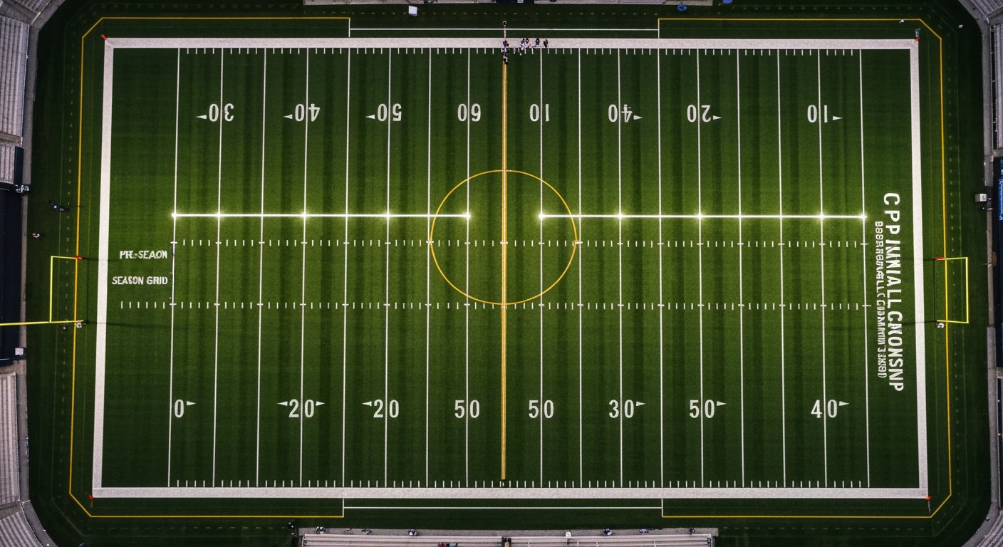 Aerial view of a college football field at dusk, with glowing lines representing the season's timeline from pre-season to national championship.