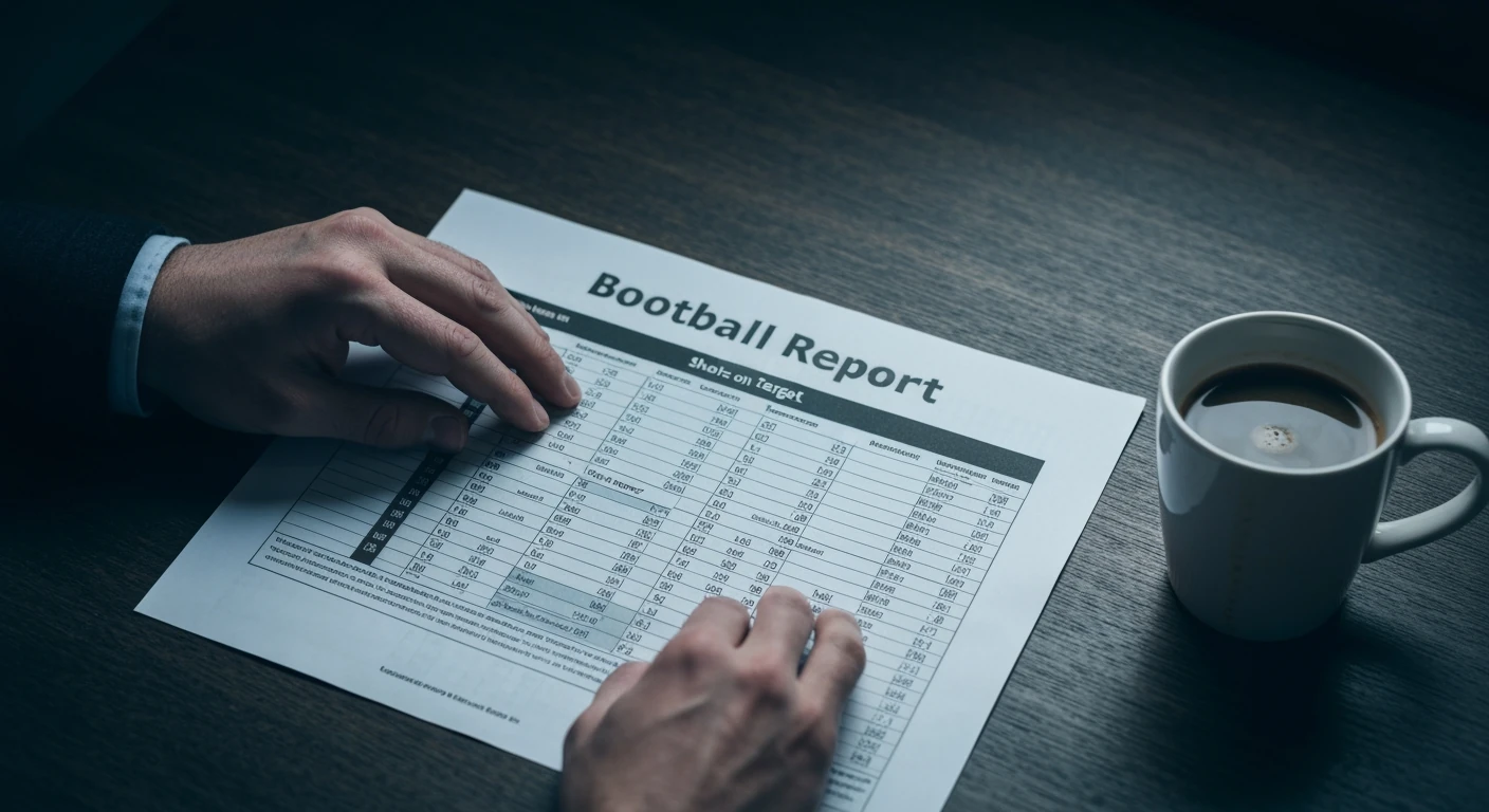 Close-up of hands analyzing a detailed football match report, focusing on player statistics like shots on target, laid on a wooden table with a coffee mug.