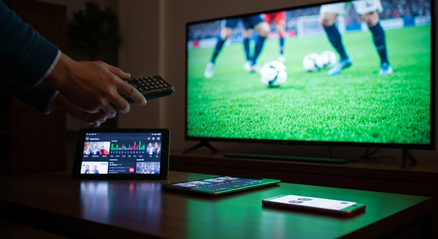 A person's hands holding a remote, navigating multiple screens showing live football coverage, statistics, and social media, highlighting fragmented viewing experience.