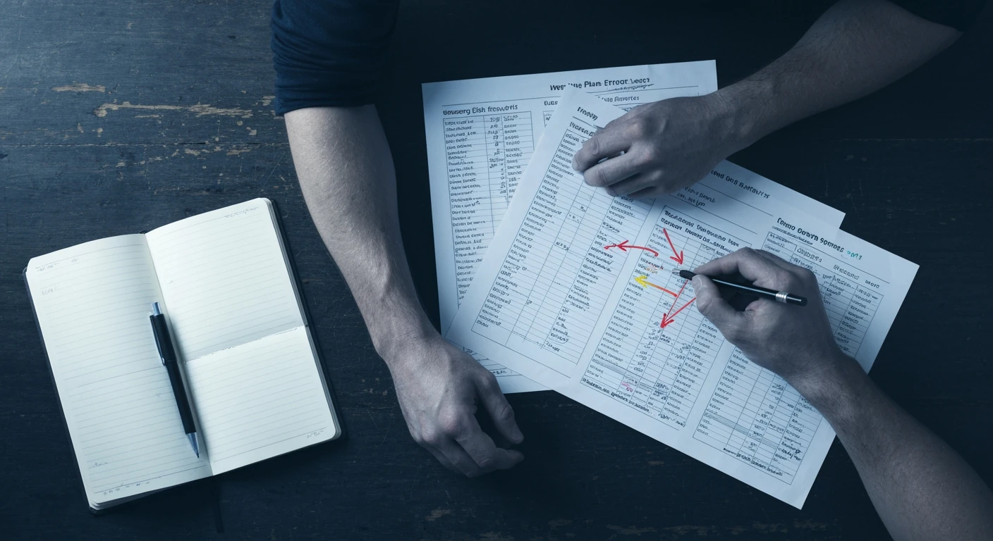 Overhead view of a person analyzing football fixture lists with handwritten notes and statistics, mechanical pencil, on a dark wooden table, high-contrast lighting.