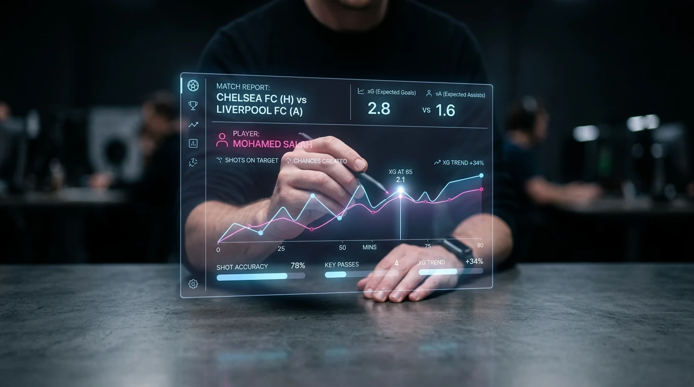 Close-up of hands interacting with a holographic display showing advanced football match report data like xG and xA, for fantasy football analysis.