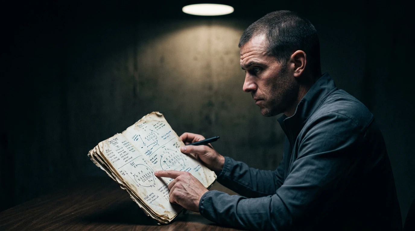 A focused male football analyst intently studies a weathered tactical playbook under a harsh directional spotlight, tracing a formation with his finger, conveying intense study of MLS developments.