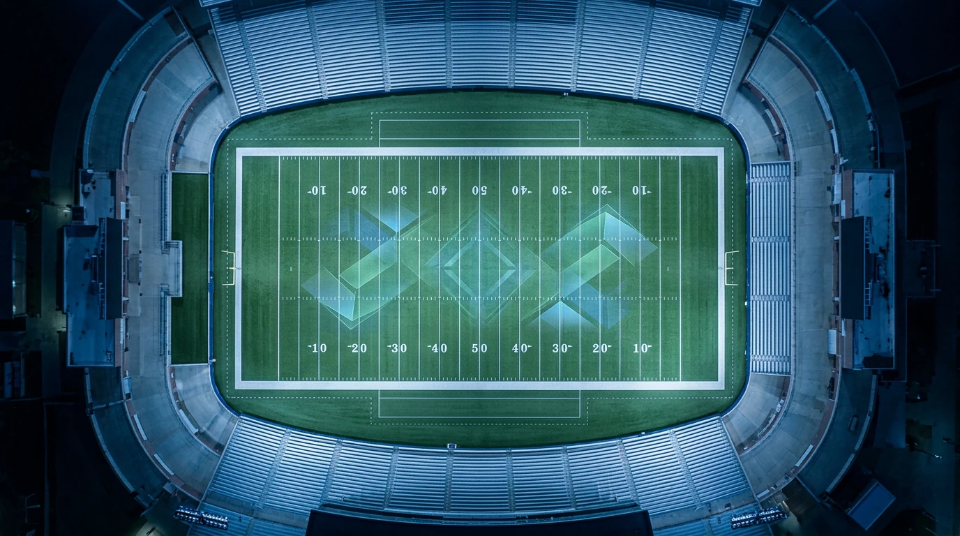 Aerial drone view of a college football field with geometric data overlays illustrating league standings and tie-breaking rules under cool stadium lighting.