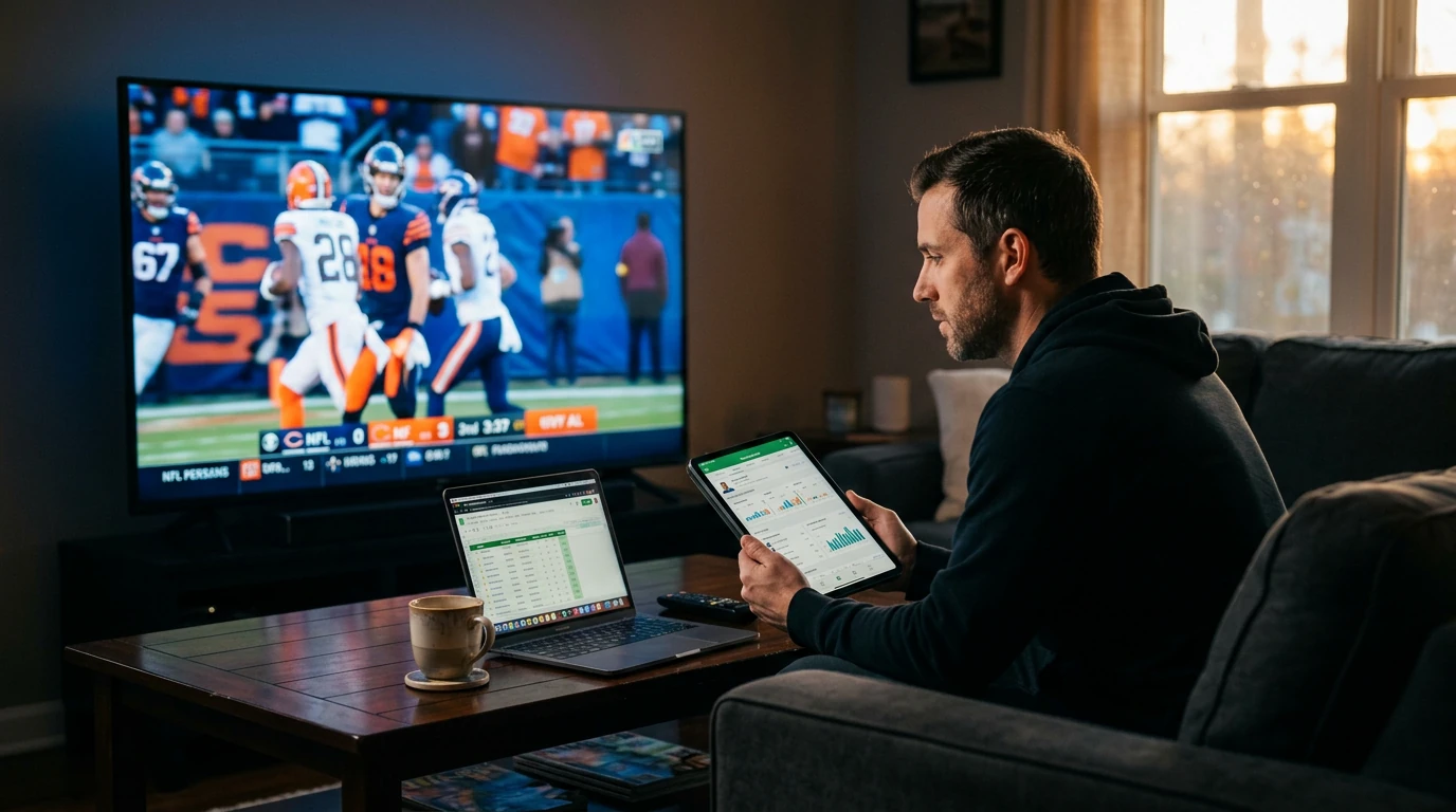 A fantasy football manager uses a tablet with live stats app while watching a football game on a large TV, surrounded by screens in a room with warm lighting, optimizing his team.