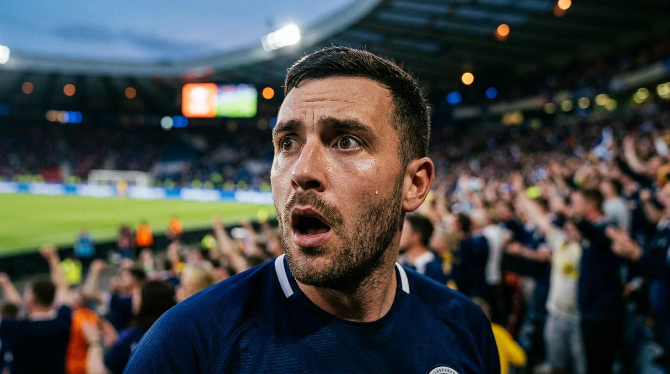 Close-up of a surprised football fan in a navy jersey reacting intensely to a match outcome in a brightly lit stadium at dusk.