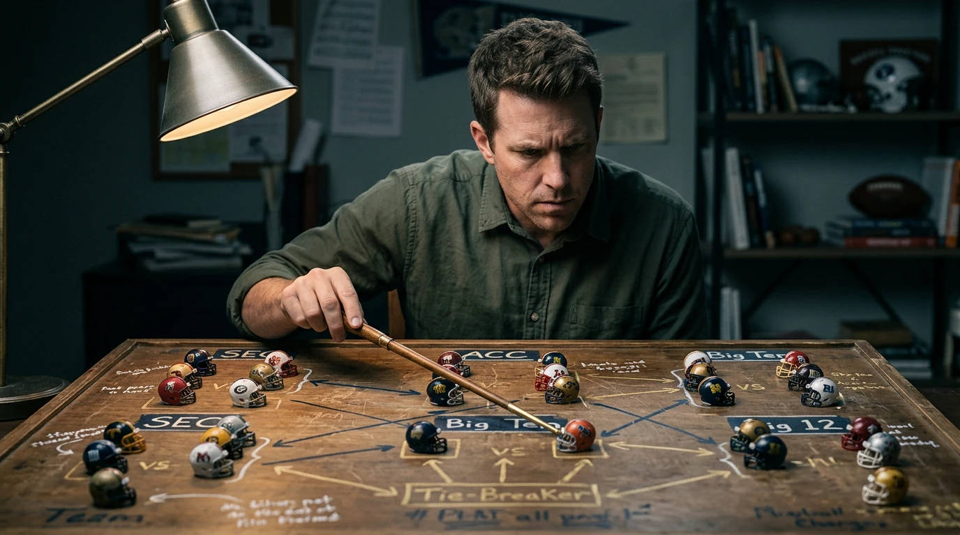 A college football fan analyzing intricate league standings on a physical wooden tactical board with miniature team helmets, under dramatic directional lighting, illustrating tie-breaker scenarios.