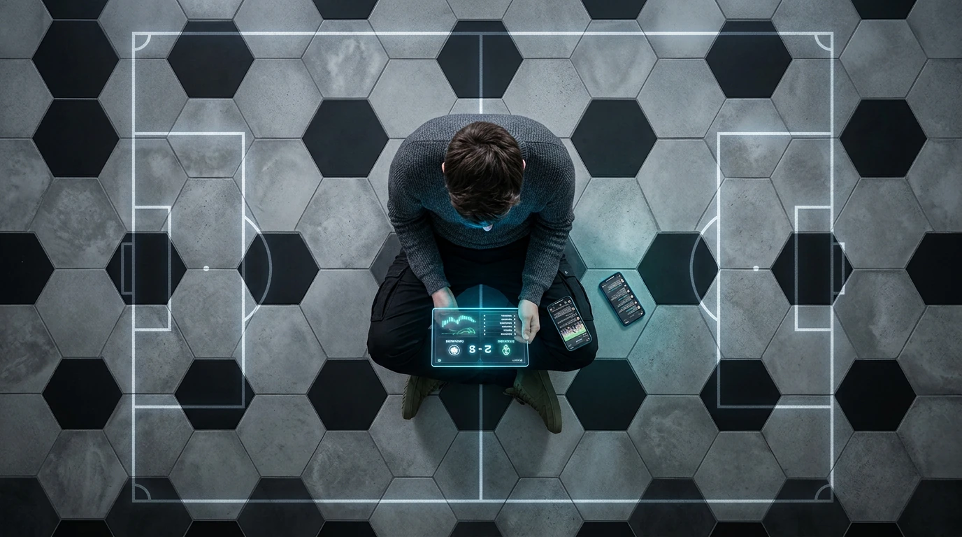 An overhead drone shot of a person engaging with multiple digital screens, displaying live MLS match statistics and social media feeds, surrounded by projected light patterns of a football field.