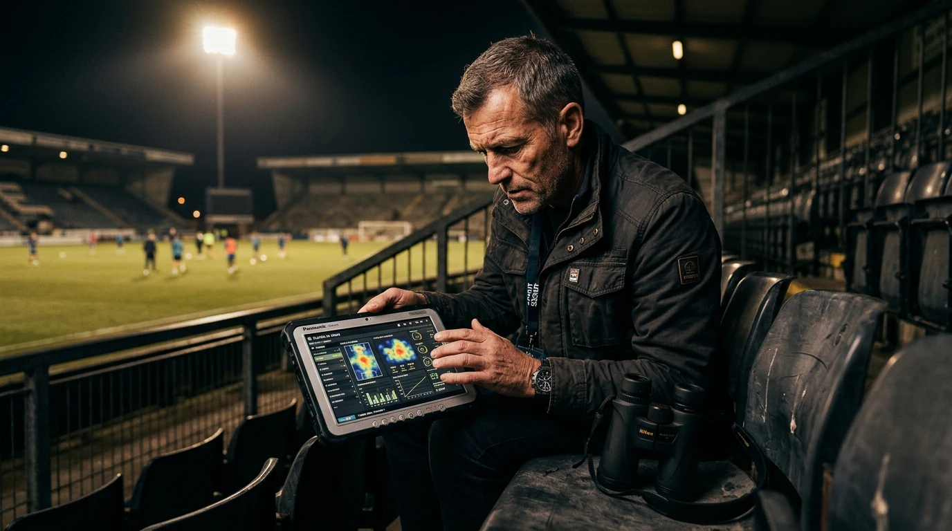 Un ojeador de fútbol analiza con atención los datos de un jugador en una tableta resistente, con el césped de un estadio al fondo bajo una iluminación de claroscuro dramática, en referencia a la búsqueda global de talento emergente.